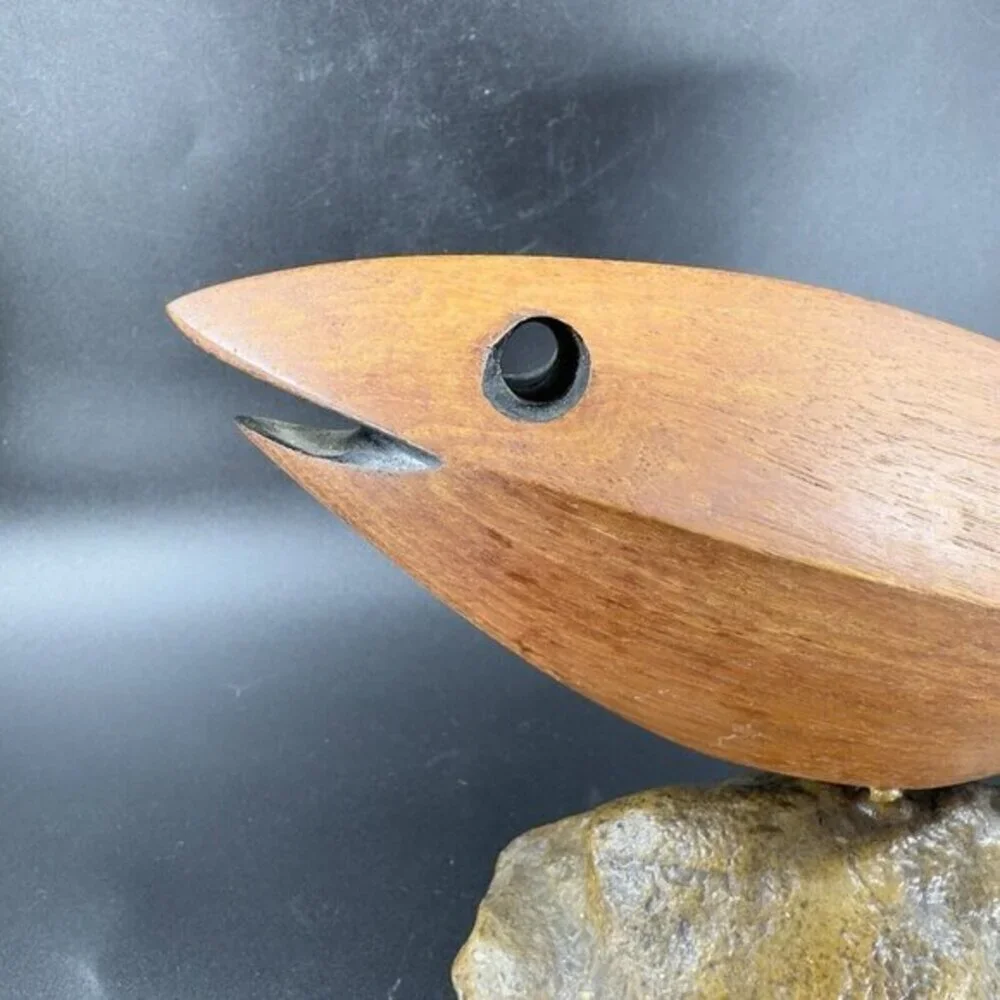 Vintage Hand‎ Carved Decorative Beach Fish Shorebird Hand Made Wood On Stone VTG